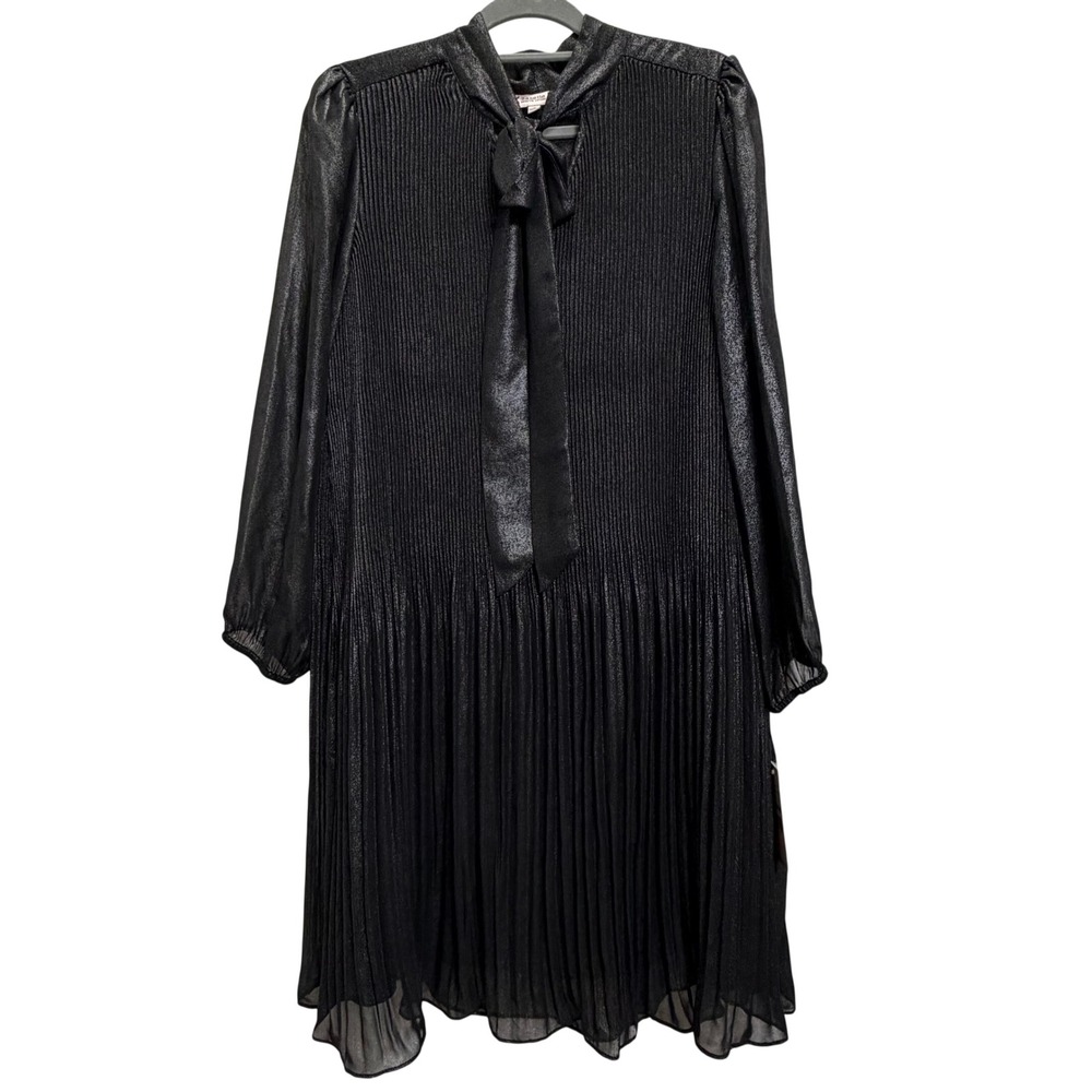 Nanette Lepore Dress Black Silver Metallic Pleated Long Sleeve Tie-Neck 12 NEW